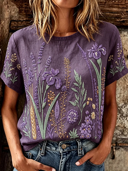 Casual Floral Crew Neck Short Sleeve T-shirt