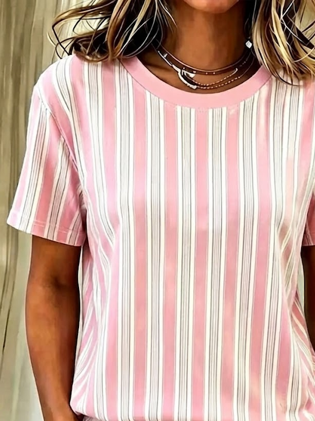 Casual Striped Crew Neck Short Sleeve T-shirt