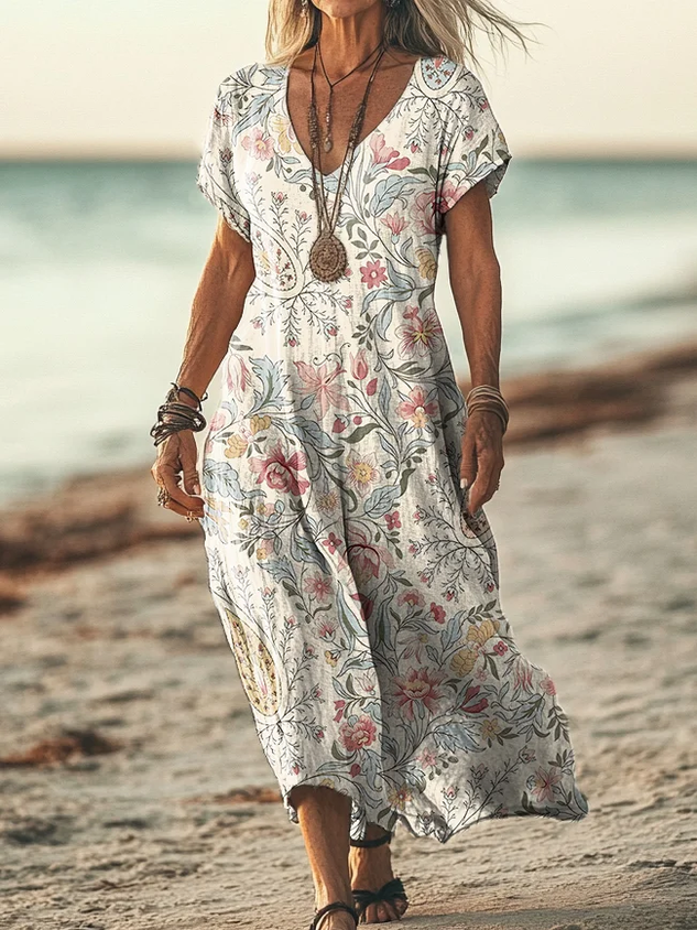 Women Vacation Colorful Sun Collage Art Print Short Sleeve Comfy Casual Maxi Dress