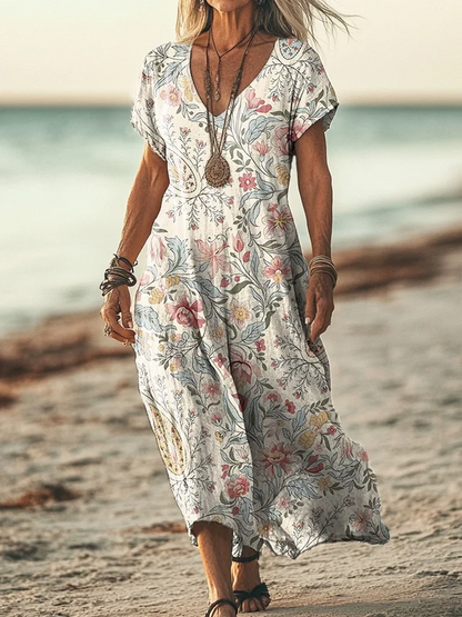 Women Vacation Colorful Sun Collage Art Print Short Sleeve Comfy Casual Maxi Dress