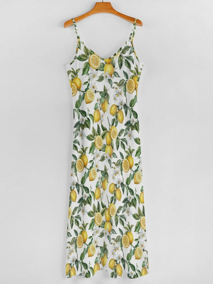 Women Vacation Sundress Lemon Sling V Neck Comfy Casual Maxi Dress
