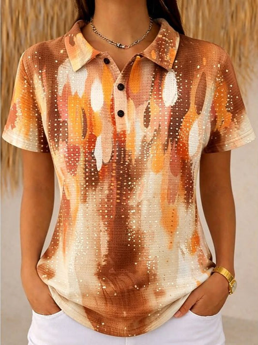 Casual Geometric Half Open Collar Short Sleeve T-shirt