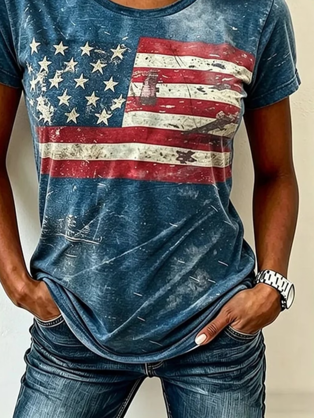 Casual Independence Day (Flag) Crew Neck Short Sleeve T-shirt