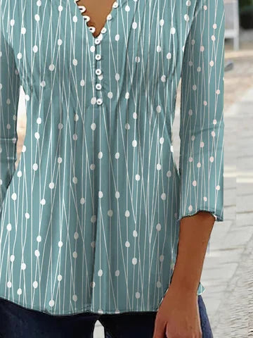 Women's Tunic Blouse V Neck Three Quarter Sleeve Polka Dot Printed Loose Shirt