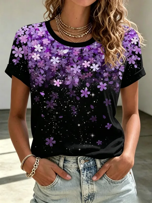 Casual Floral Crew Neck Short Sleeve T-shirt