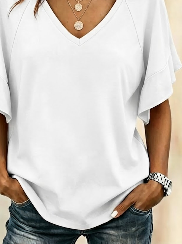Casual Plain V Neck Short Sleeve T-shirt