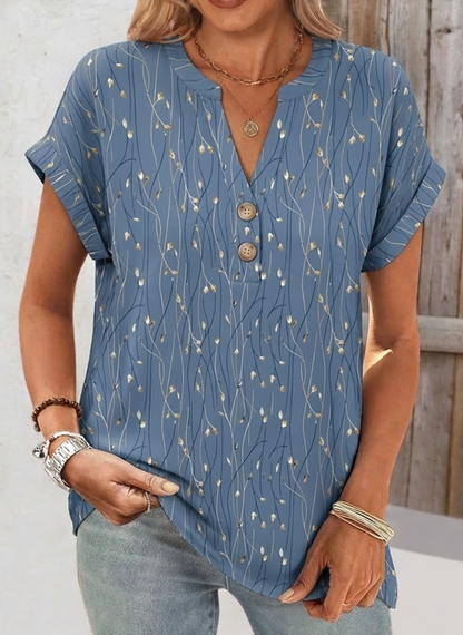 Vintage Leaf V Neck Short Sleeve T-shirt
