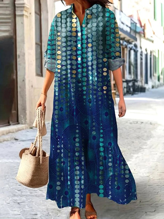 Women Geometric Spring/Fall Dress V Neck Long Sleeve Shirt Dress A-Line Dress