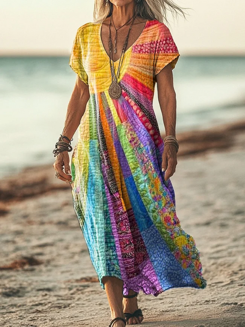 Women Vacation Colorful Sun Collage Art Print Short Sleeve Comfy Casual Maxi Dress