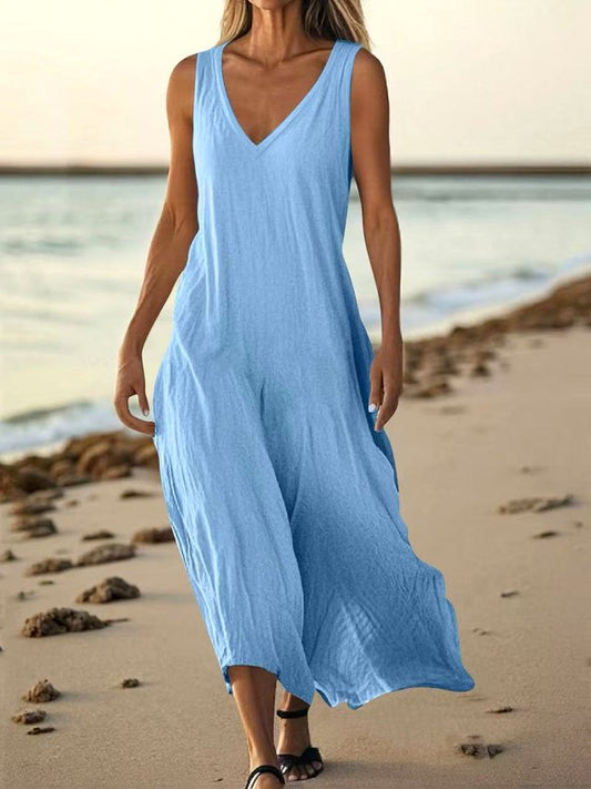 Women Plain Summer Dress V Neck Sleeveless A-Line Dress