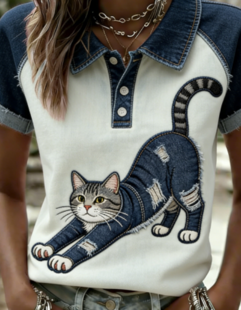 Casual Cat Half Open Collar Short Sleeve T-shirt