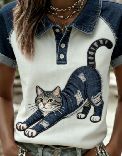 Casual Cat Half Open Collar Short Sleeve T-shirt
