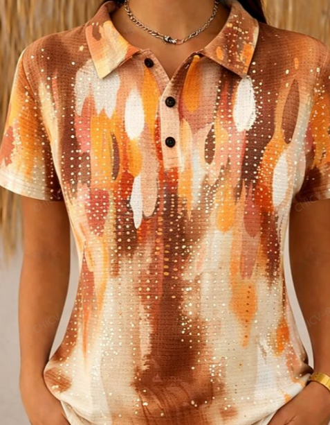 Casual Geometric Half Open Collar Short Sleeve T-shirt