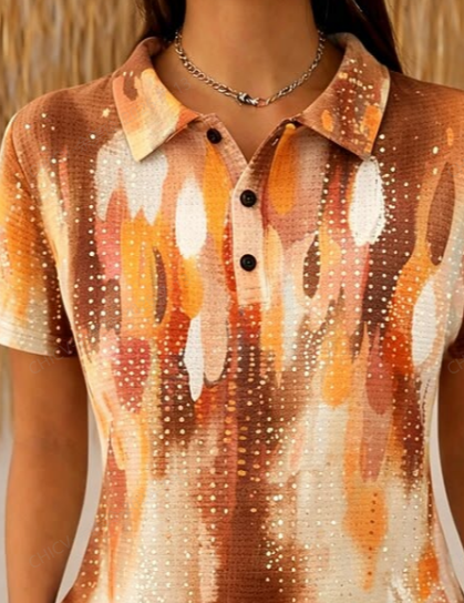 Casual Geometric Half Open Collar Short Sleeve T-shirt