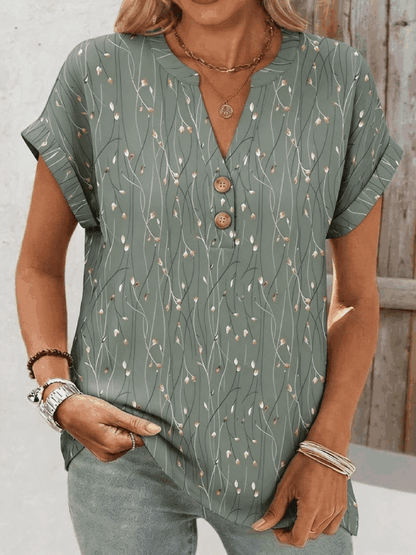 Vintage Leaf V Neck Short Sleeve T-shirt