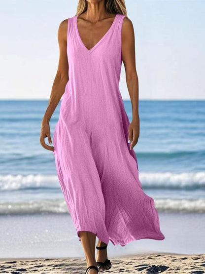 Women Plain Summer Dress V Neck Sleeveless A-Line Dress