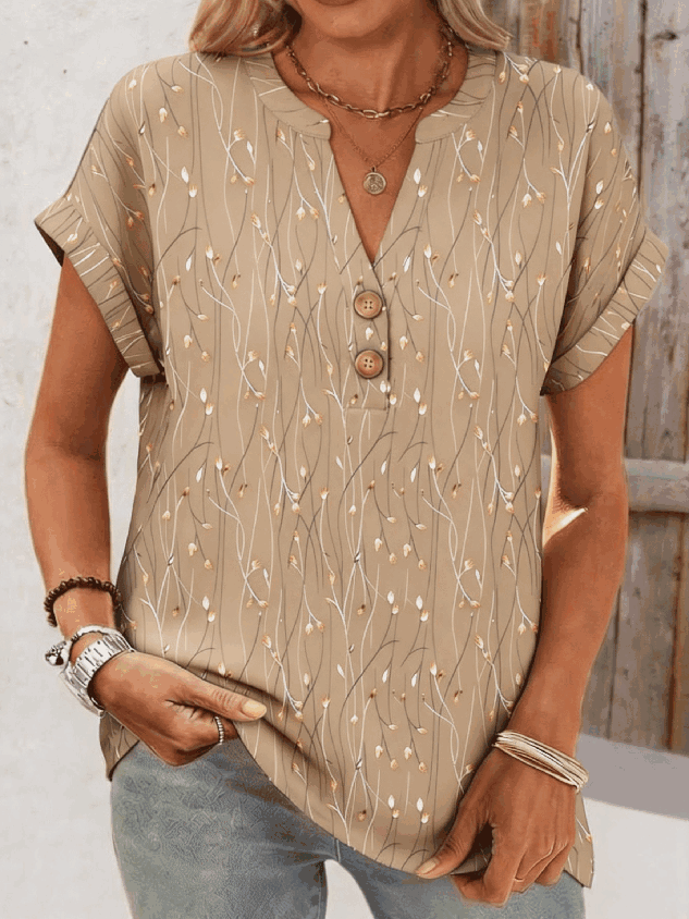 Vintage Leaf V Neck Short Sleeve T-shirt