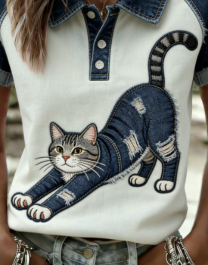Casual Cat Half Open Collar Short Sleeve T-shirt