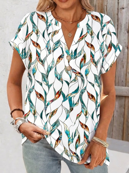 Casual Leaf V Neck Short Sleeve T-shirt
