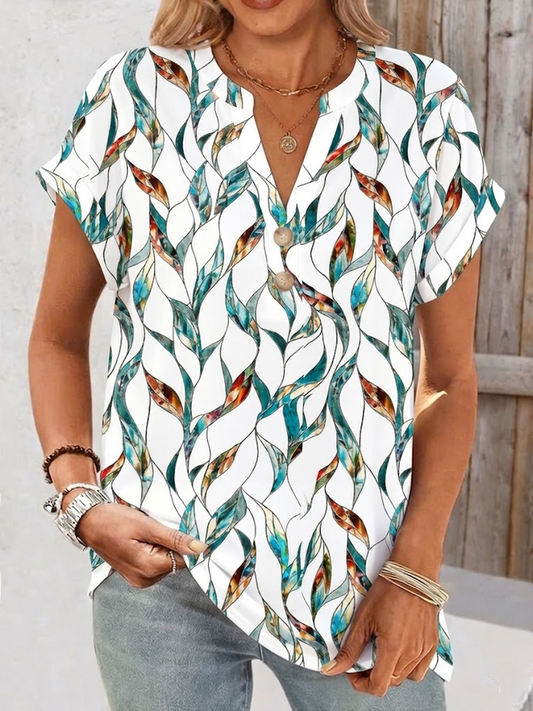 Casual Leaf V Neck Short Sleeve T-shirt