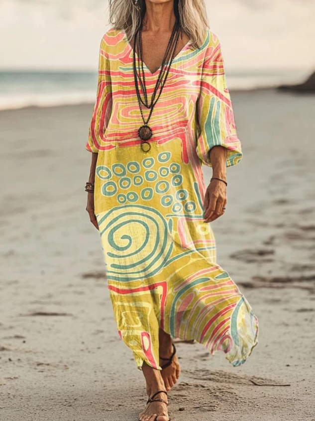 Women Sundress Vintage Abstract Short Sleeve Comfy Maxi Dress