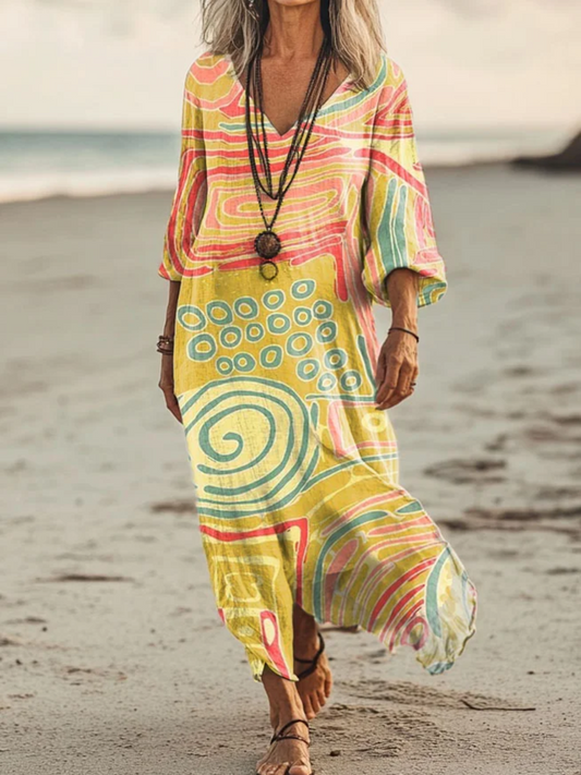 Women Sundress Vintage Abstract Short Sleeve Comfy Maxi Dress