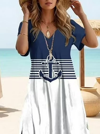 Women Anchor V Neck Short Sleeve Comfy Casual Printing Maxi Dress