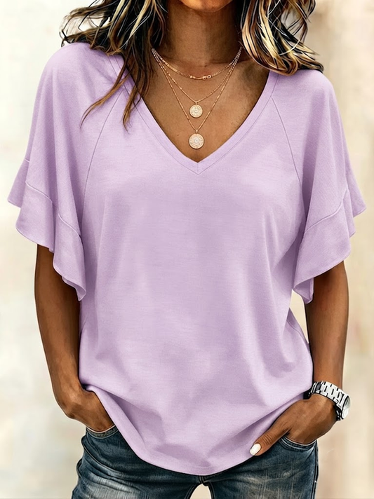 Casual Plain V Neck Short Sleeve T-shirt