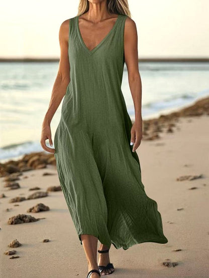 Women Plain Summer Dress V Neck Sleeveless A-Line Dress