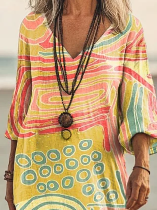Women Sundress Vintage Abstract Short Sleeve Comfy Maxi Dress