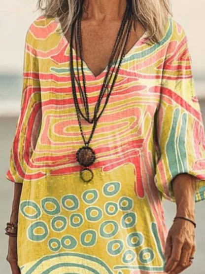 Women Sundress Vintage Abstract Short Sleeve Comfy Maxi Dress