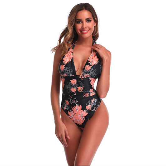 Women's Floral One Piece Orange Pattern Swimsuit SIZE S-2XL
