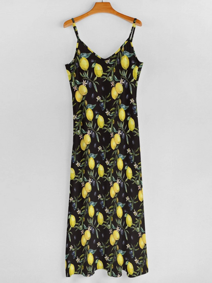 Women Vacation Sundress Lemon Sling V Neck Comfy Casual Maxi Dress