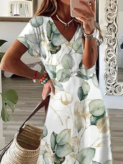 Women Floral V Neck Short Sleeve Comfy Casual Printing Maxi Dress