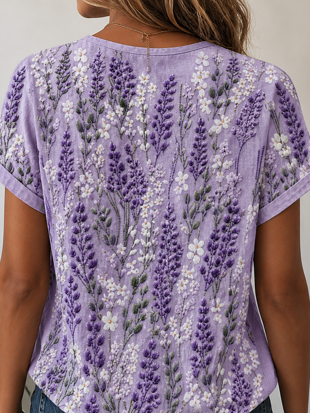 Casual Floral V Neck Short Sleeve T-shirt
