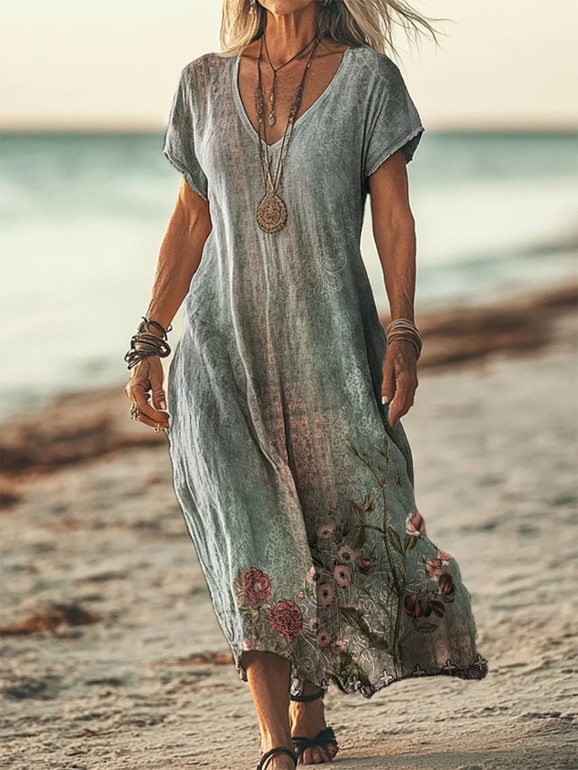 Women Vacation Colorful Sun Collage Art Print Short Sleeve Comfy Casual Maxi Dress
