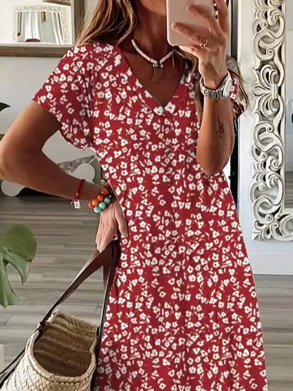 Women Sundress Floral V Neck Short Sleeve Comfy Casual Maxi Dress