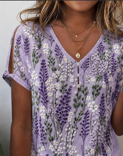 Casual Floral V Neck Short Sleeve T-shirt
