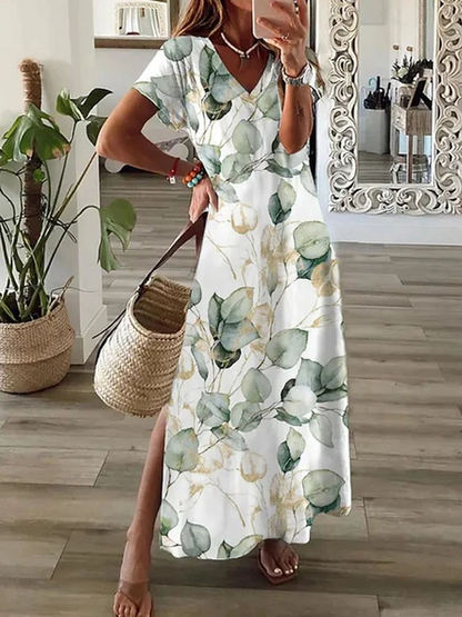 Women Floral V Neck Short Sleeve Comfy Casual Printing Maxi Dress