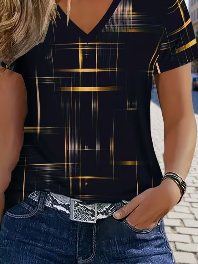 Vintage Abstract V Neck Short Sleeve T-shirt