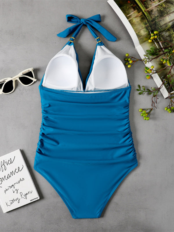 Womens Plunge Halter One Piece Swimsuit SIZE S-XL