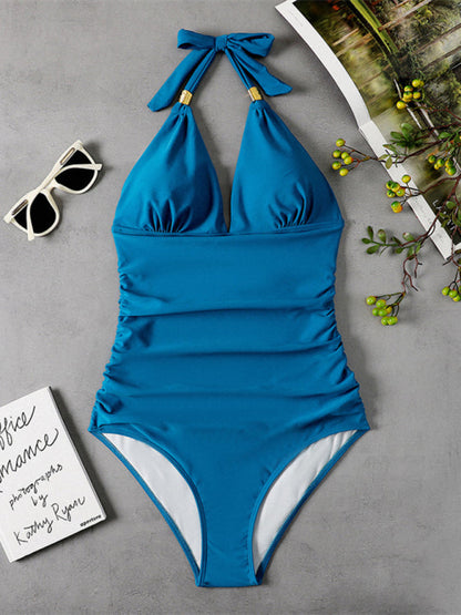 Womens Plunge Halter One Piece Swimsuit SIZE S-XL