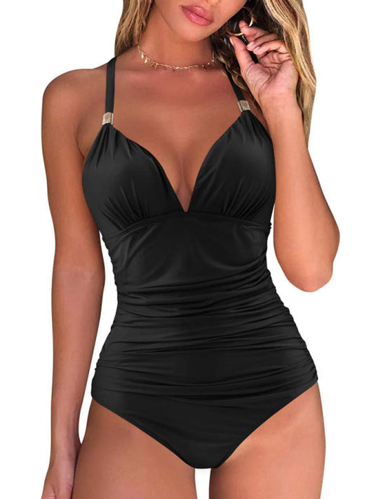 Womens Plunge Halter One Piece Swimsuit SIZE S-XL