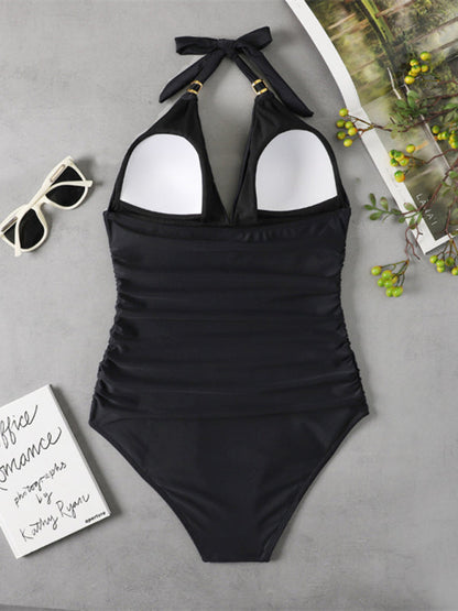 Womens Plunge Halter One Piece Swimsuit SIZE S-XL