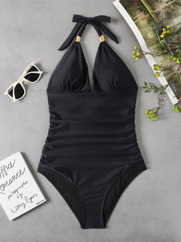 Womens Plunge Halter One Piece Swimsuit SIZE S-XL