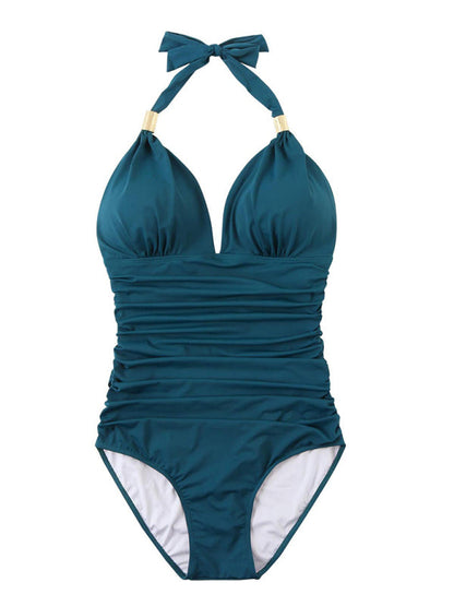 Womens Plunge Halter One Piece Swimsuit SIZE S-XL