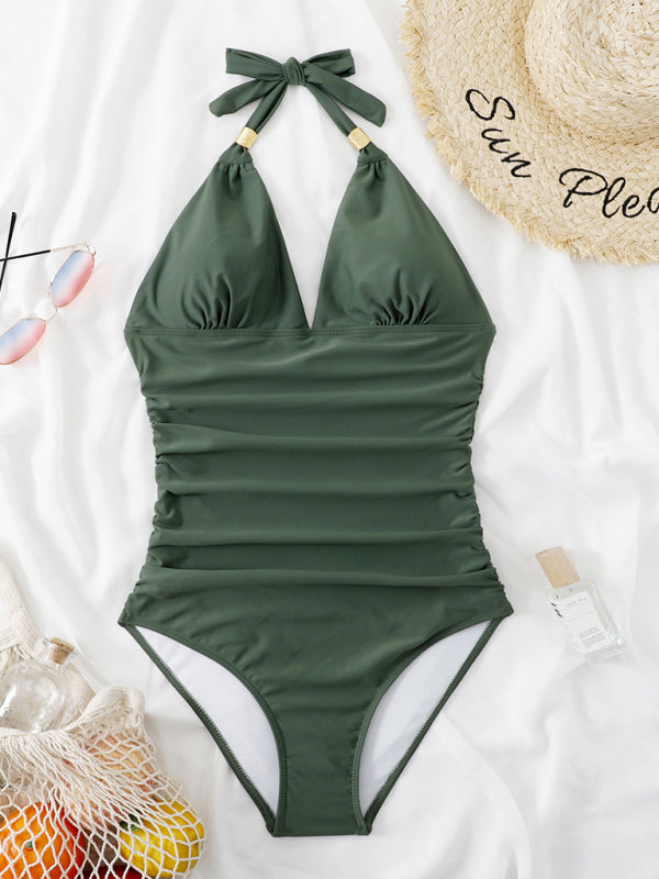 Womens Plunge Halter One Piece Swimsuit SIZE S-XL