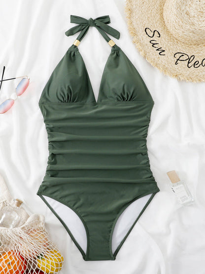 Womens Plunge Halter One Piece Swimsuit SIZE S-XL