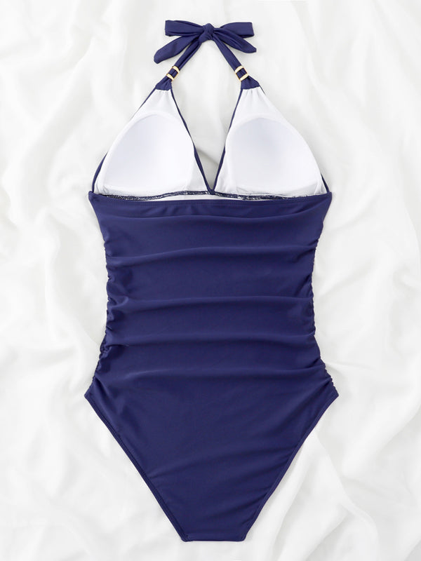 Womens Plunge Halter One Piece Swimsuit SIZE S-XL