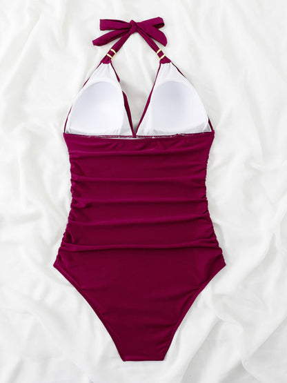 Womens Plunge Halter One Piece Swimsuit SIZE S-XL